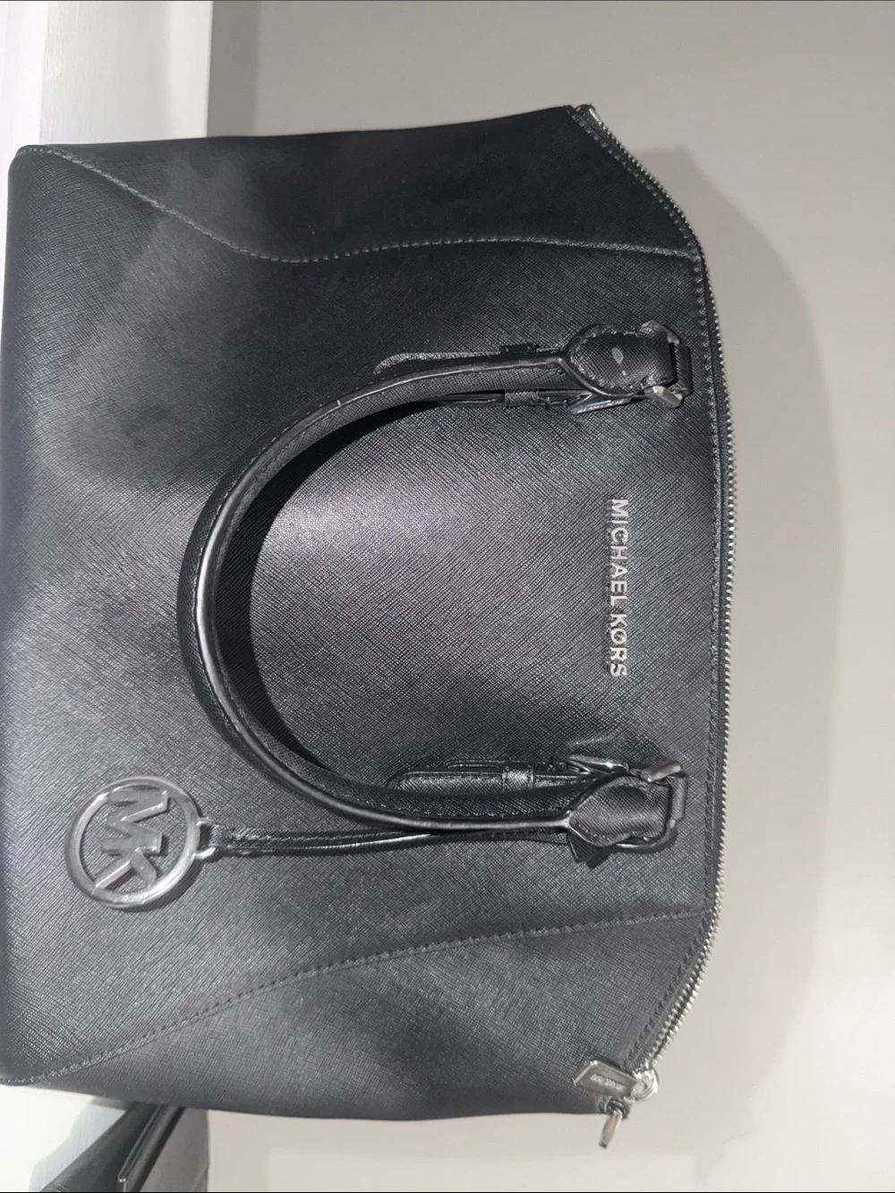 Michael Kors Black Saffiano Satchel with Logo Charm